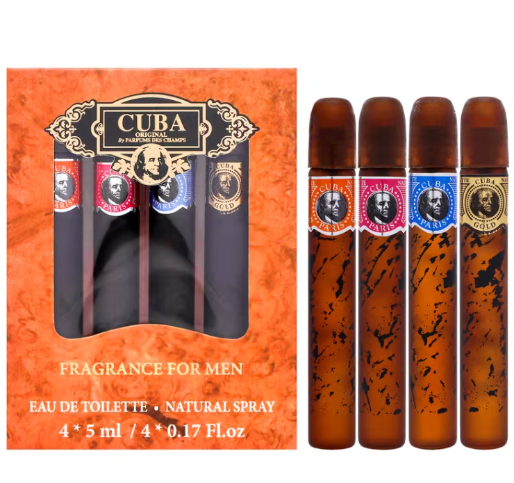 Cuba by Cuba for Men - 4 Pc Discovery Gift Set 0.17oz Cuba Gold EDT Splash, 0.17oz Cuba Red EDT Splash, 0.17oz Cuba Blue EDT Splash, 0.17oz Cuba Orange EDT Splash 4x0.17oz
