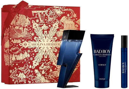 Carolina Herrera Bad Boy Cobalt GIFT SET: 3.4oz EDP, 0.34oz Mini, 3.4 SG New