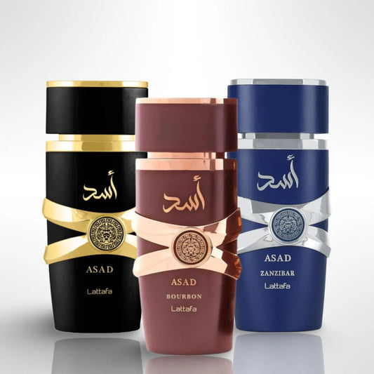 Lattafa Perfumes Asad + Asad Bourbon + Asad Zanzibar Eau de Parfum 100 ml (3.4 FLOZ)- Long Lasting Men's Fragrance - Lattafa Perfumes Newest Release Coconut Scented Cologne